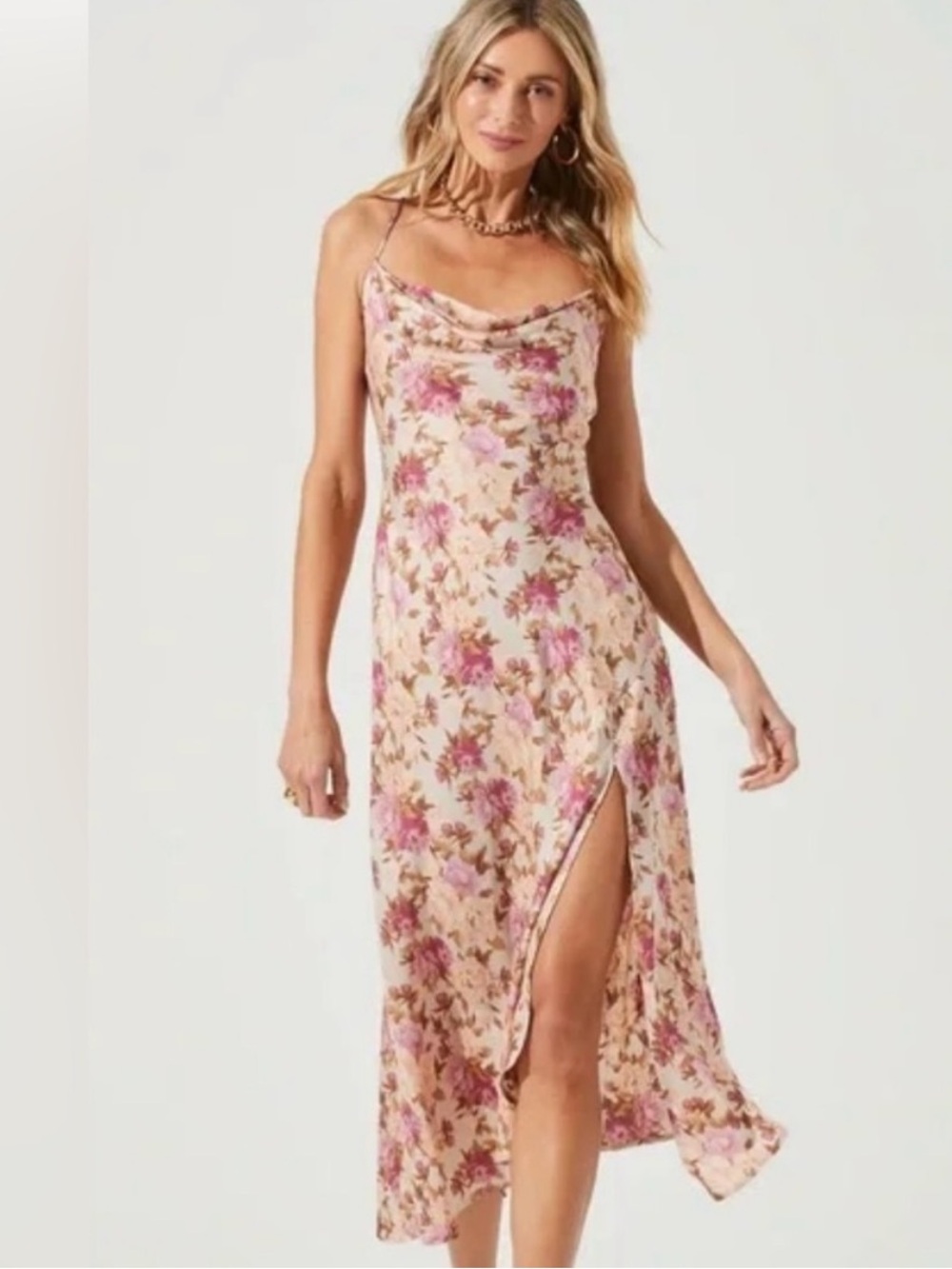 Astr the Label Gaia Cowl Midi Dress Taupe Fuschia Floral Small Wedding Guest